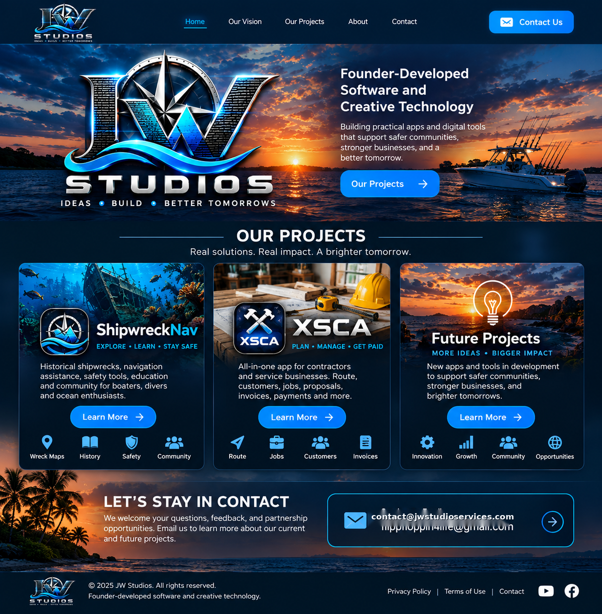 JW Studios website showing the ship sunset hero, ShipwreckNav and XSCA projects, future projects, contact information and footer.